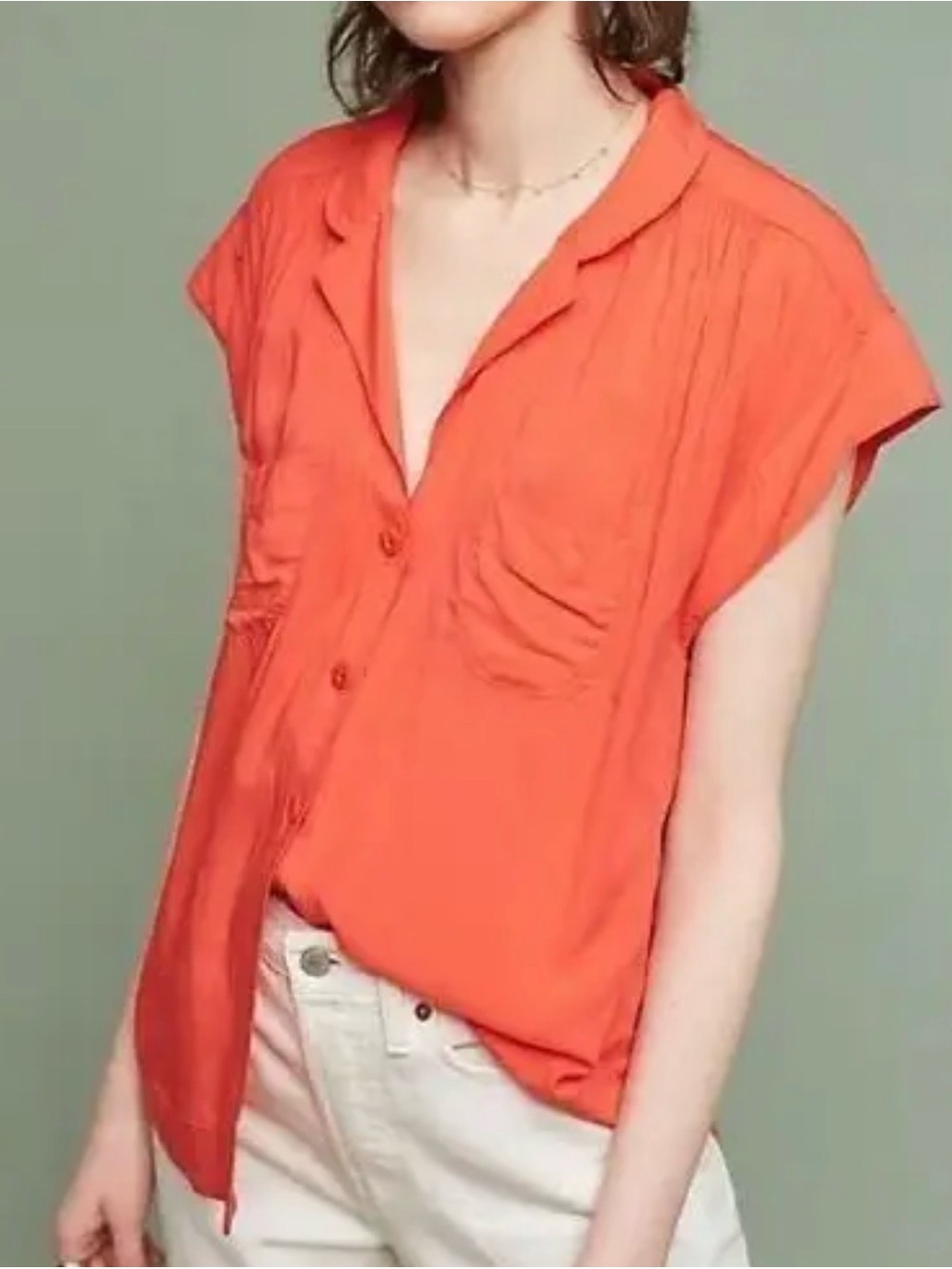 Maeve Red Button Down Blouse Short Sleeve Notched Collar Pocket Top Sz S